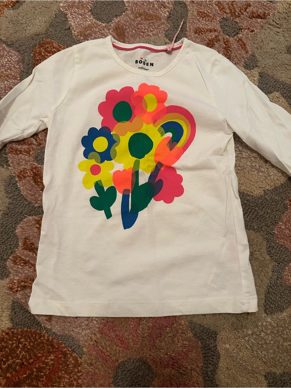 Mini Boden White Long Sleeve Tee with Bright Floral & Rainbow Motif
